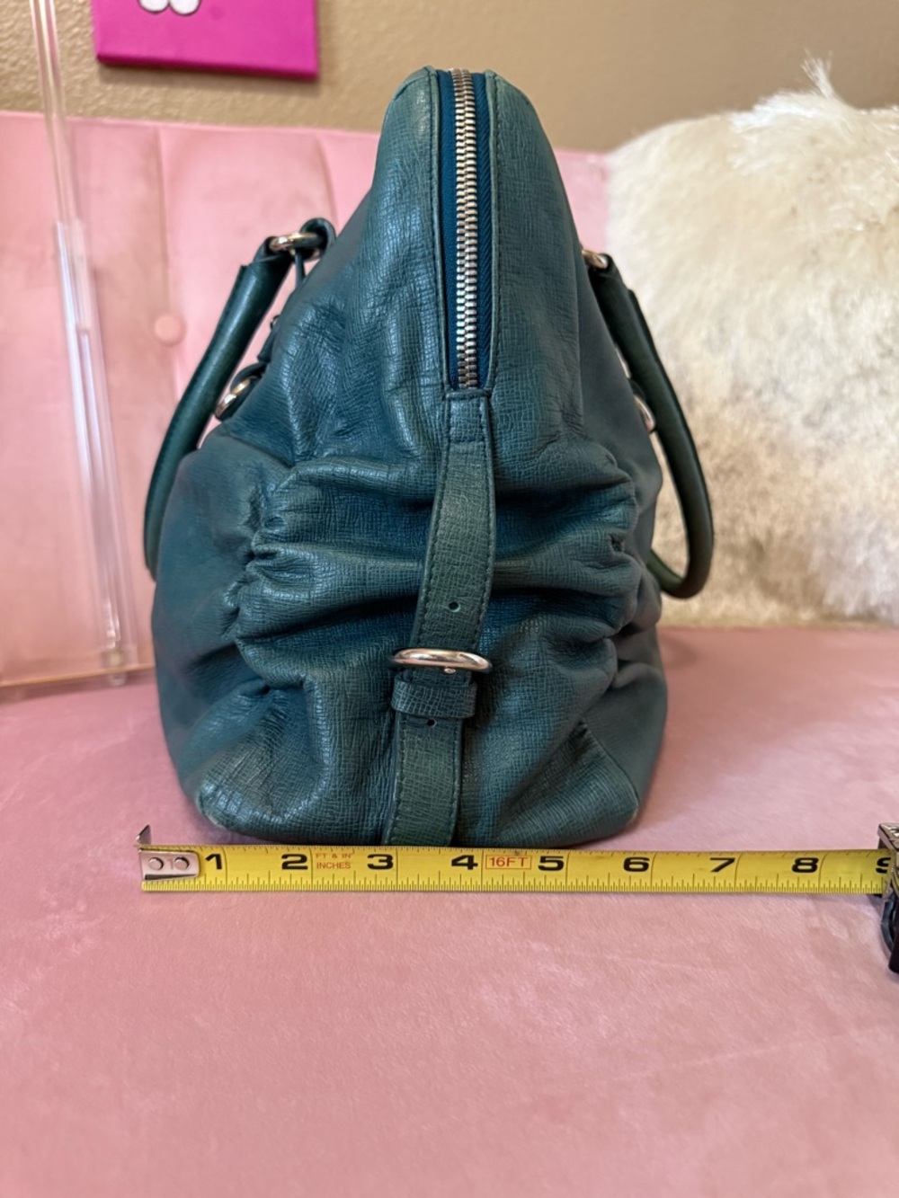 Authentic FURLA Teal Green Leather Satchel Shoulder Bag w Silver Hardware - Picture 9 of 16
